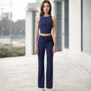 Blue Large Women's High-Waisted Flare Pants with Twist Knot Detail