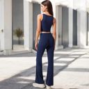 Blue Large Women's High-Waisted Flare Pants with Twist Knot Detail