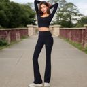 Black Large Women's High-Waisted Flare Pants with Ruffle Waistband