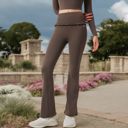 Brown Medium Women's High-Waisted Flare Pants with Ruffle Waistband