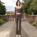 Brown Medium Women's High-Waisted Flare Pants with Ruffle Waistband