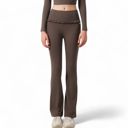 Brown Small Women's High-Waisted Flare Pants with Ruffle Waistband