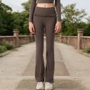 Brown Small Women's High-Waisted Flare Pants with Ruffle Waistband