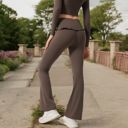 Brown Small Women's High-Waisted Flare Pants with Ruffle Waistband