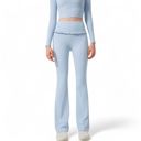 Blue Small Women's High-Waisted Flare Pants with Ruffle Waistband