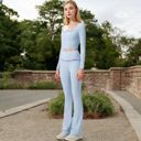 Blue Small Women's High-Waisted Flare Pants with Ruffle Waistband