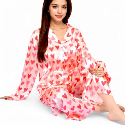 Women's Pink Heart Print Pajama Set with Button-Up Long Sleeve Top and Relaxed Fit Pants