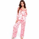 Pink Large Women's Pink Heart Print Pajama Set with Button-Up Long Sleeve Top and Relaxed Fit Pants