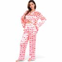 Pink Large Women's Pink Heart Print Pajama Set with Button-Up Long Sleeve Top and Relaxed Fit Pants