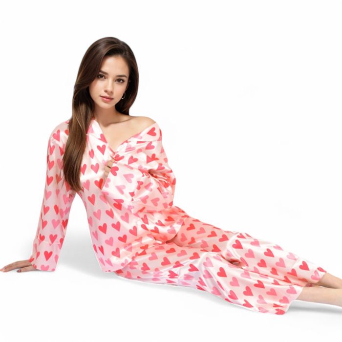 Women's Pink Heart Print Pajama Set with Button-Up Long Sleeve Top and Relaxed Fit Pants