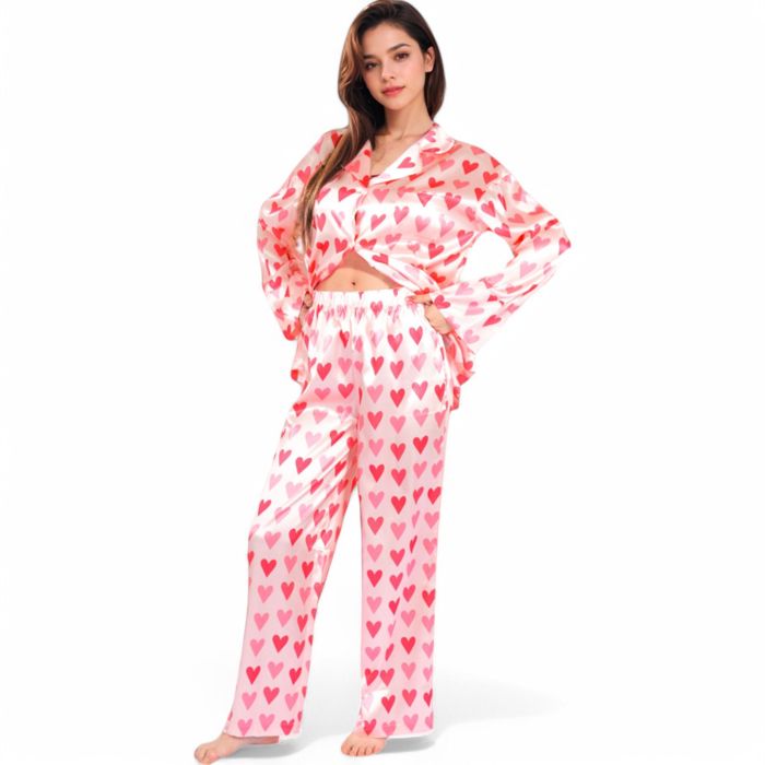 Women's Pink Heart Print Pajama Set with Button-Up Long Sleeve Top and Relaxed Fit Pants