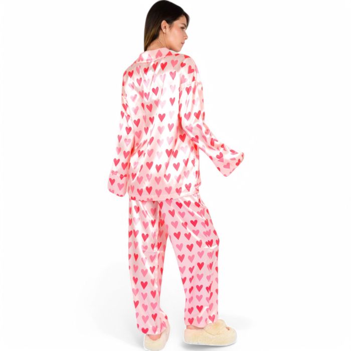 Women's Pink Heart Print Pajama Set with Button-Up Long Sleeve Top and Relaxed Fit Pants