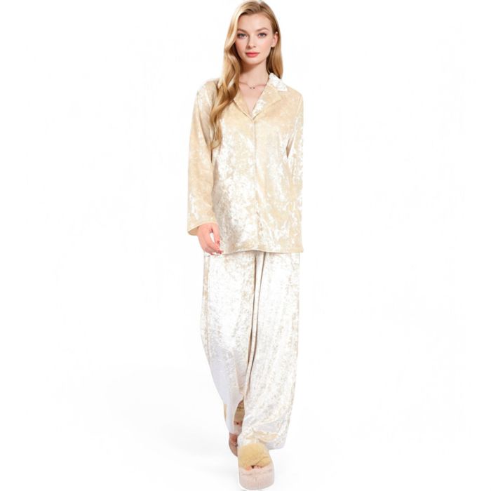 Women's Crushed Velvet Lounge Set with Button-Up Long Sleeve Top and Wide-Leg Pants