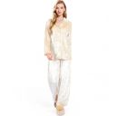 Beige Large Women's Crushed Velvet Lounge Set with Button-Up Long Sleeve Top and Wide-Leg Pants