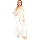 Beige Large Women's Crushed Velvet Lounge Set with Button-Up Long Sleeve Top and Wide-Leg Pants