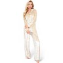 Beige Large Women's Crushed Velvet Lounge Set with Button-Up Long Sleeve Top and Wide-Leg Pants