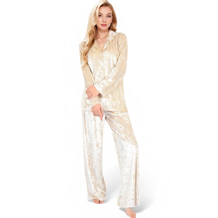 Women's Crushed Velvet Lounge Set with Button-Up Long Sleeve Top and Wide-Leg Pants