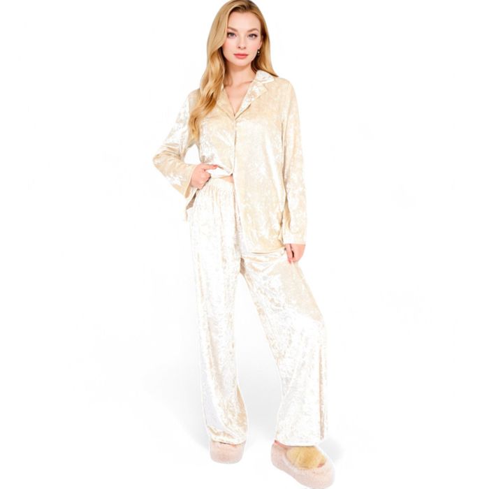 Women's Crushed Velvet Lounge Set with Button-Up Long Sleeve Top and Wide-Leg Pants