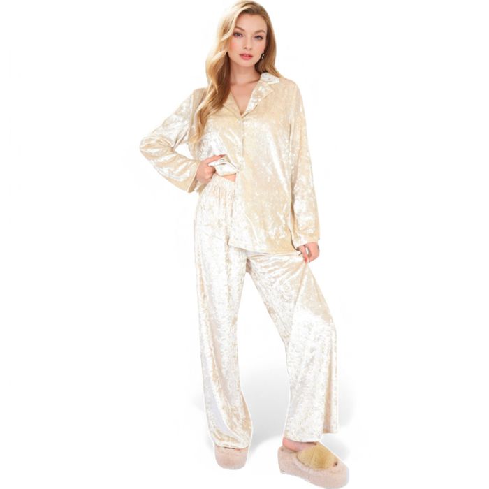 Women's Crushed Velvet Lounge Set with Button-Up Long Sleeve Top and Wide-Leg Pants