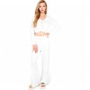 White Large Women's Knit Tie-Front Lounge Set with Long Sleeve Cardigan and Wide-Leg Pants