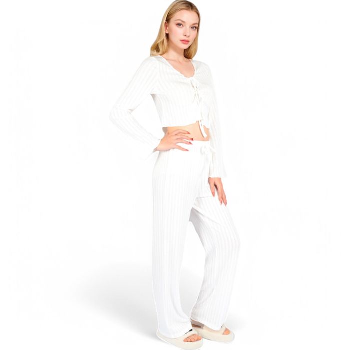 Women's Knit Tie-Front Lounge Set with Long Sleeve Cardigan and Wide-Leg Pants