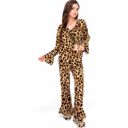 Brown Large Women's Leopard Print Lounge Set with Tie-Front Peplum Top and Wide-Leg Pants