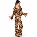 Brown Large Women's Leopard Print Lounge Set with Tie-Front Peplum Top and Wide-Leg Pants