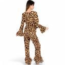 Brown Large Women's Leopard Print Lounge Set with Tie-Front Peplum Top and Wide-Leg Pants