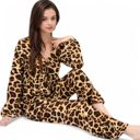 Brown Large Women's Leopard Print Lounge Set with Tie-Front Peplum Top and Wide-Leg Pants