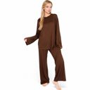 Brown Large Women's Minimalist Lounge Set with Long Sleeve Oversized Top and Wide-Leg Pants