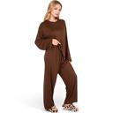 Brown Large Women's Minimalist Lounge Set with Long Sleeve Oversized Top and Wide-Leg Pants