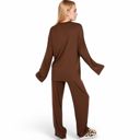 Brown Large Women's Minimalist Lounge Set with Long Sleeve Oversized Top and Wide-Leg Pants