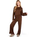 Brown Large Women's Minimalist Lounge Set with Long Sleeve Oversized Top and Wide-Leg Pants