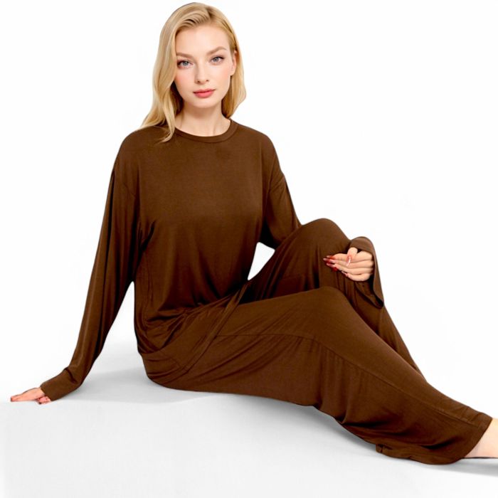 Women's Minimalist Lounge Set with Long Sleeve Oversized Top and Wide-Leg Pants