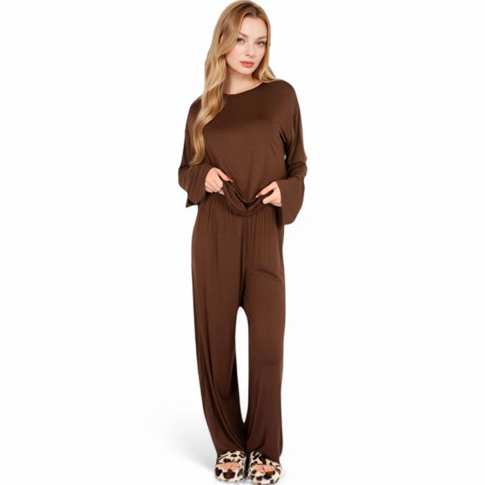 Women's Minimalist Lounge Set with Long Sleeve Oversized Top and Wide-Leg Pants