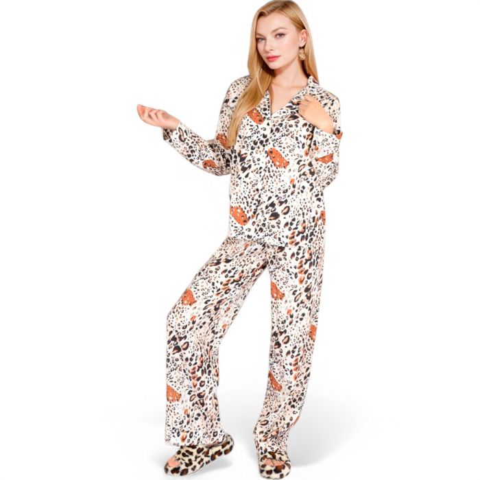 Women's Satin Leopard Print Lounge Set with Button-Up Top and Wide-Leg Pants