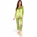 Green Large Women's Satin Bamboo Print Pajama Set with Contrast Trim