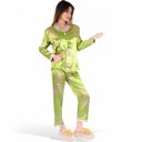 Green Large Women's Satin Bamboo Print Pajama Set with Contrast Trim