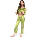 Green Large Women's Satin Bamboo Print Pajama Set with Contrast Trim