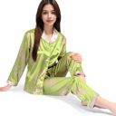 Green Large Women's Satin Bamboo Print Pajama Set with Contrast Trim