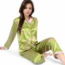 Green Large Women's Satin Bamboo Print Pajama Set with Contrast Trim