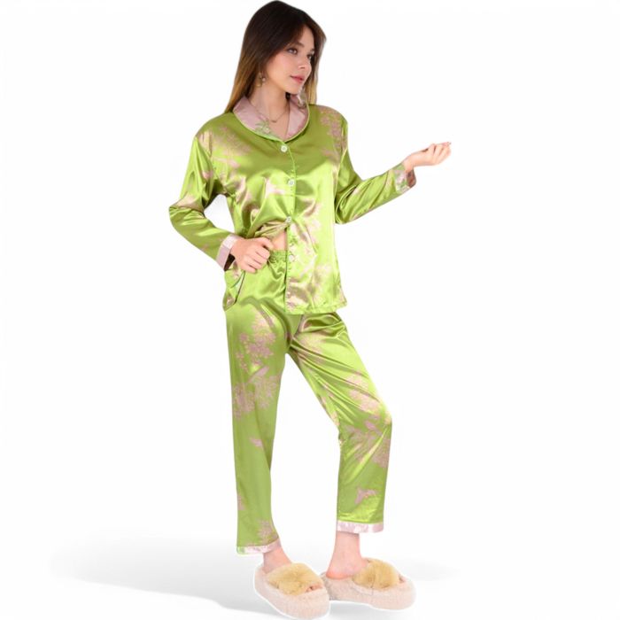 Women's Satin Bamboo Print Pajama Set with Contrast Trim