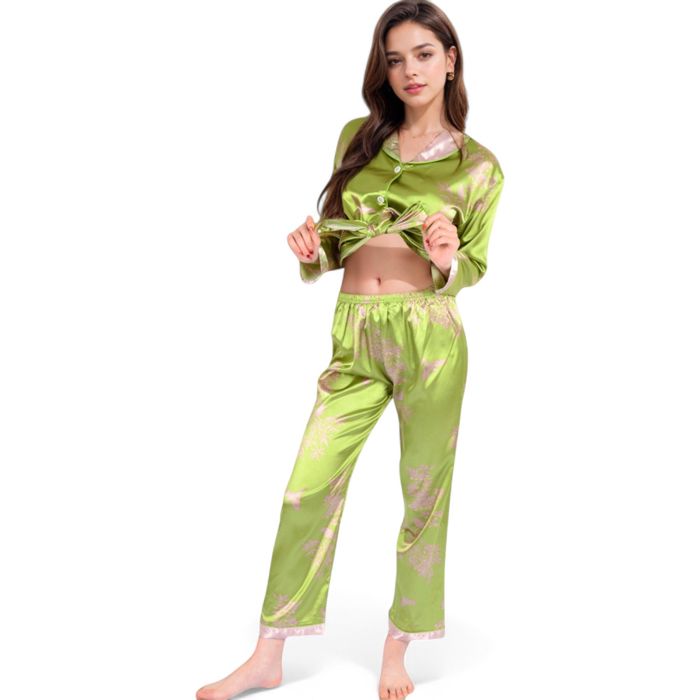 Women's Satin Bamboo Print Pajama Set with Contrast Trim