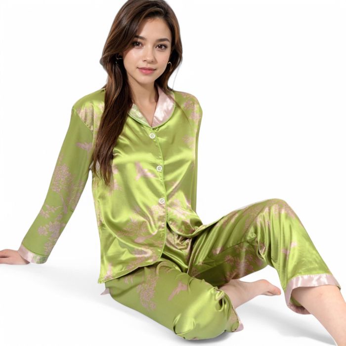 Women's Satin Bamboo Print Pajama Set with Contrast Trim