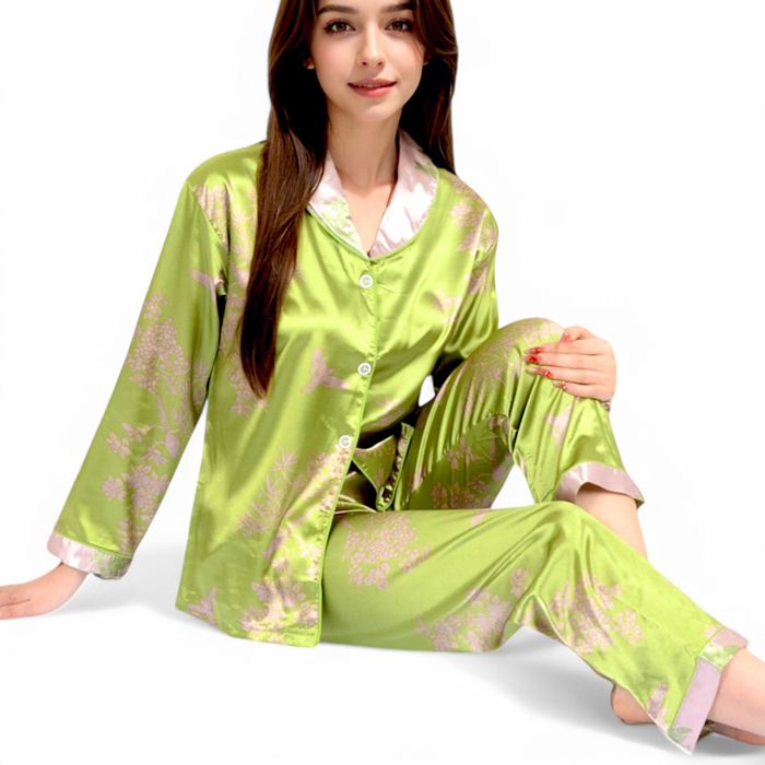 Women's Satin Bamboo Print Pajama Set with Contrast Trim