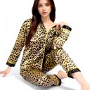  Women's Satin Leopard Print Pajama Set with Button-Down Top