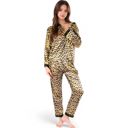 Brown Large Women's Satin Leopard Print Pajama Set with Button-Down Top