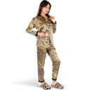 Brown Large Women's Satin Leopard Print Pajama Set with Button-Down Top