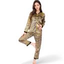 Brown Large Women's Satin Leopard Print Pajama Set with Button-Down Top