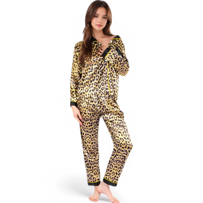 Women's Satin Leopard Print Pajama Set with Button-Down Top